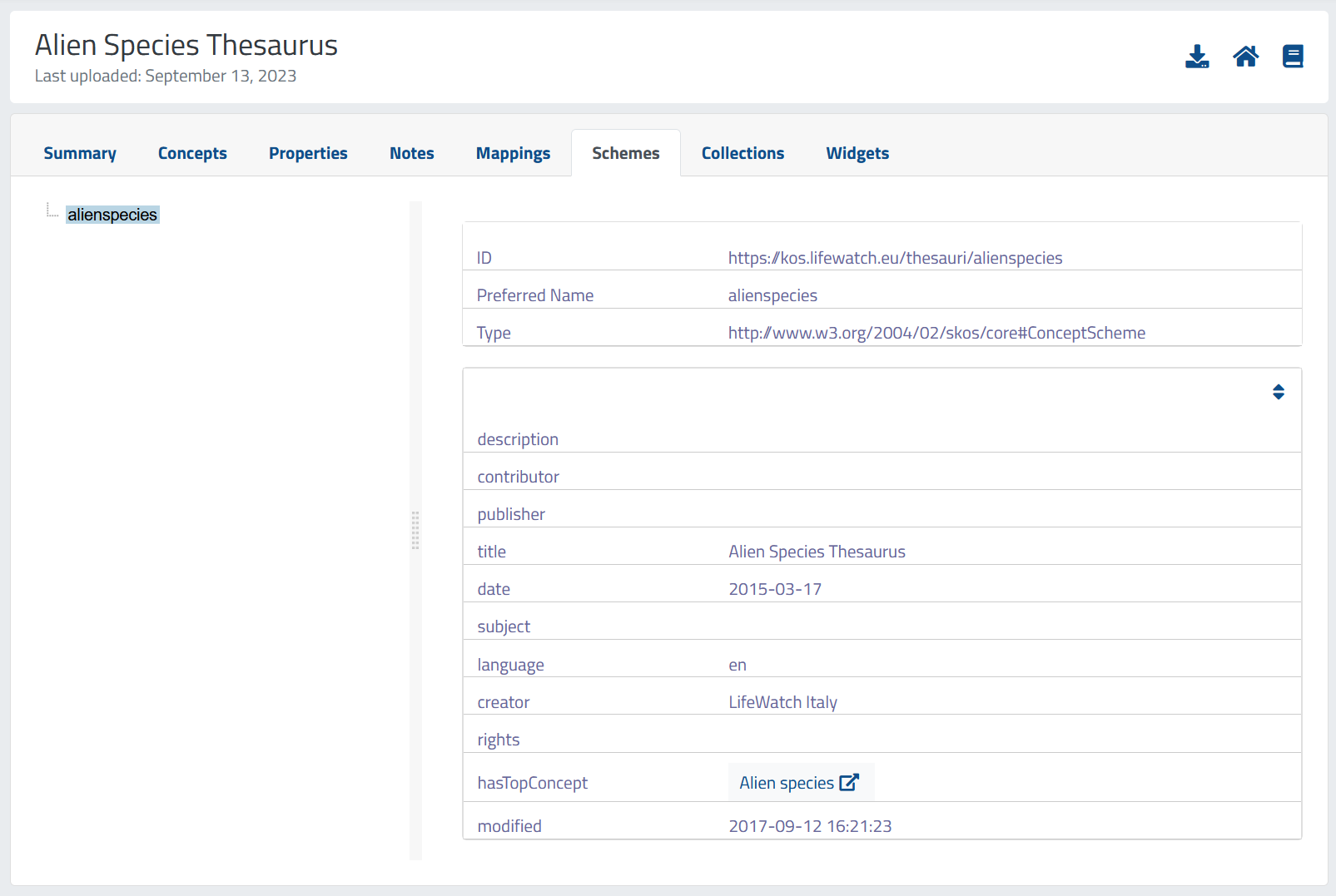 View schemes of a specific semantic artefact