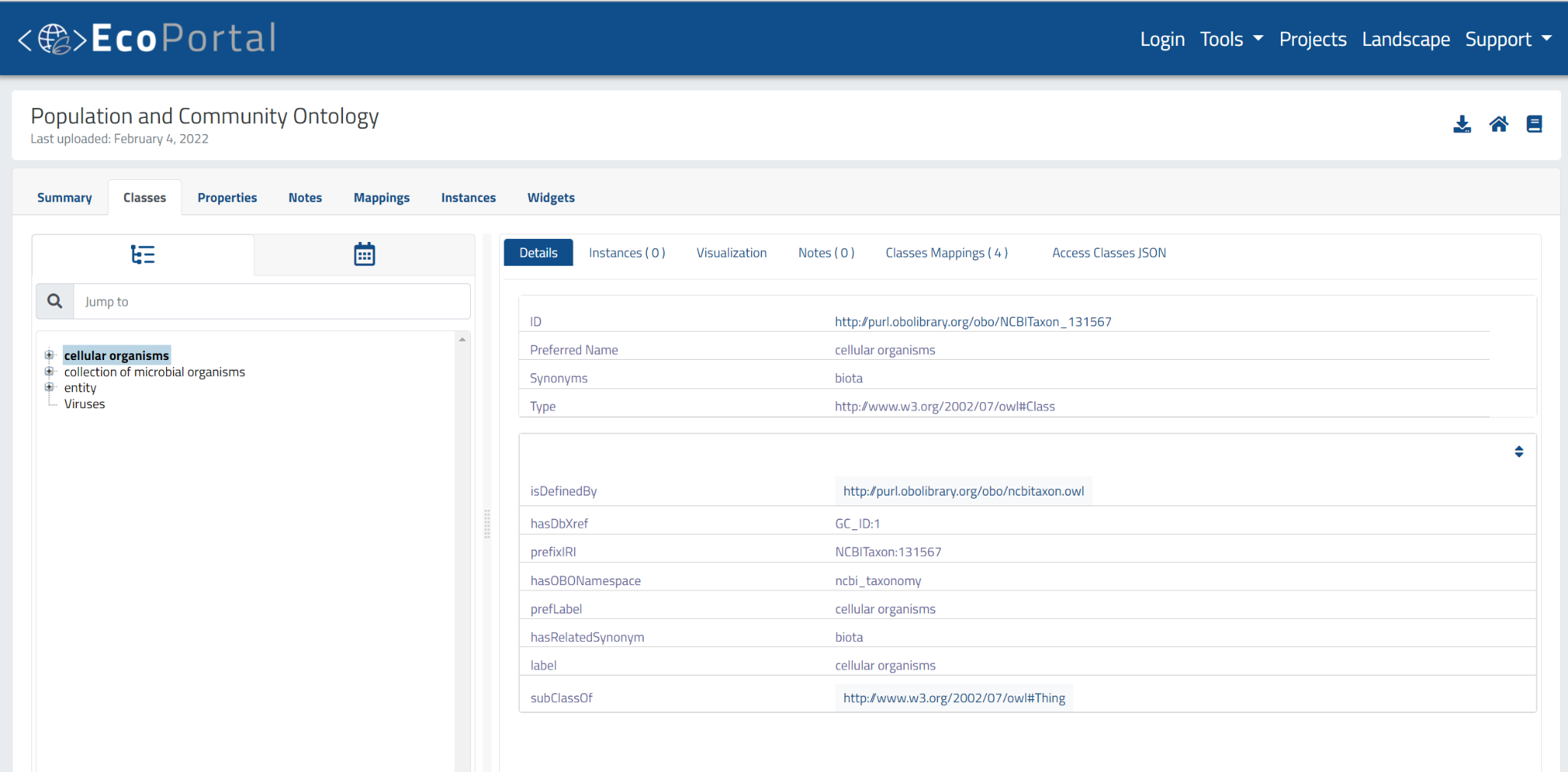 View classes of a specific ontology - details