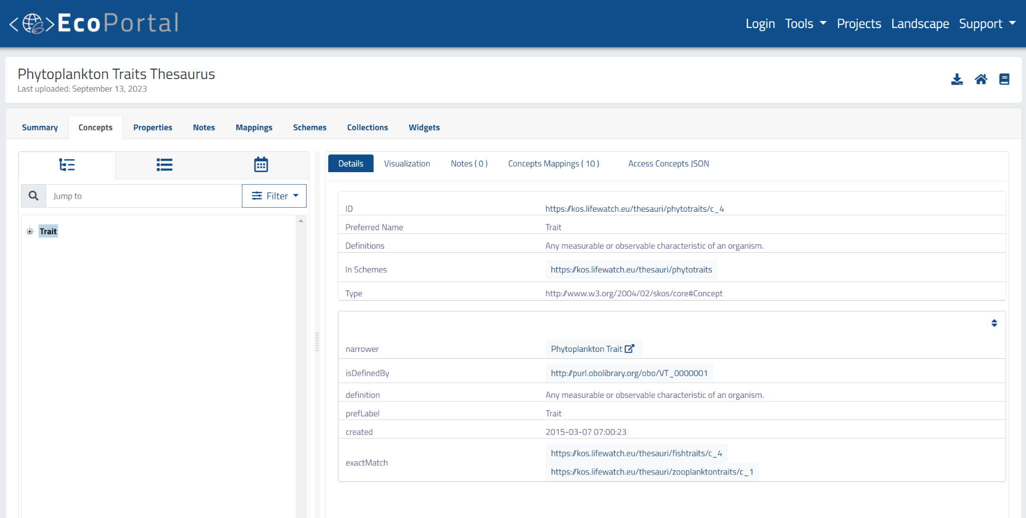 View classes of a specific thesaurus - details