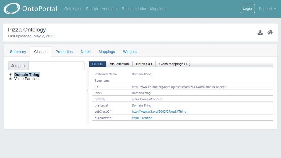 View classes of a specific ontology - details